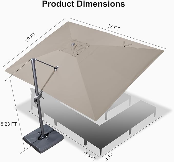 PURPLE LEAF 10' X 13' Rectangle Cantilever Umbrella with Base Outdoor Large Aluminum Patio Umbrella with 3-Year Fade Resistance Recycled Fabric and 360-degree Rotation for Deck Pool Garden, Ash Mocha Rootora