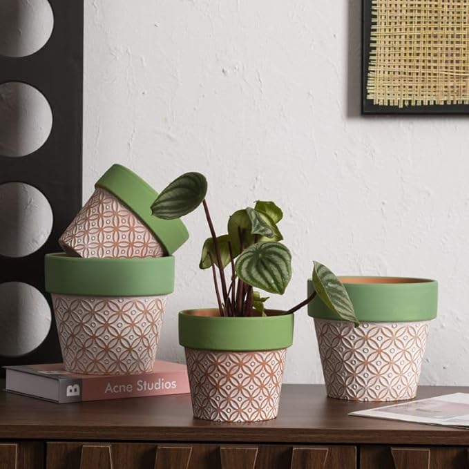 Terracotta Plant Pots Set of 2-4.7 Inch Vintage Pattern Clay Flowerpots with Green Rim & Drainage Holes, Decorative Terra Cotta Pots for Indoor Outdoor Garden Home Decor Rootora