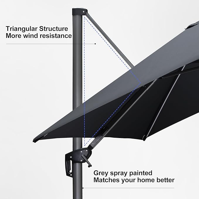 PURPLE LEAF 10 Feet Patio Umbrella Outdoor Cantilever Solar Powered LED Square Umbrella Aluminum Offset Umbrella with 360-degree Rotation for Garden Deck Pool Patio, Grey PURPLELEAF