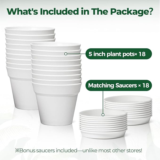 T4U Flower Pots 18-Pack, 5 Inch Plant Pot with Saucer and Drainage Hole, Durable Plastic Flower Pots, Small Pots for Plants, Violet, Succulent and Indoor Plant Decorative (18 Pack 5" Pot, White) T4U