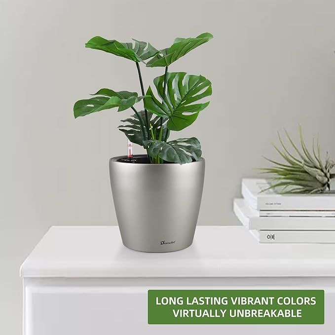 Dexceder 9x8 Inches Self Watering Planter Metallic Matte Indoor Outdoor, Inner Pot Design, Thickened Table Flower Plant Pot with Water Level Indicator (Smoky Gray) Dexceder