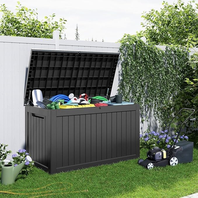ROJIK Outdoor Storage Housing Deck Box,Waterproof Patio Furniture, Garden Tools,Cushions,Pool Accessories Storage Bench with Lockable Lid and Side Handles (Black,280 Gal) ROJIK