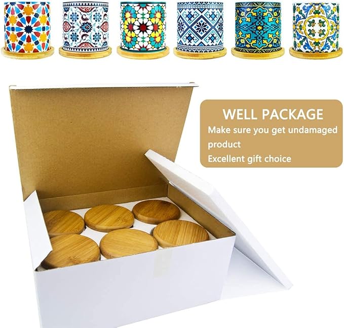 6 Pack Mandala Succulent Plant Pot with Bamboo Trays, Ceramic Multicolored Succulent Container Planter Pot for Small Plant Ascrafter