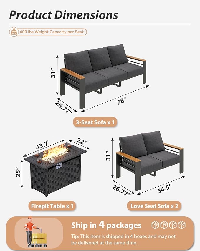 Aoxun Aluminum Outdoor Patio Furniture Set, 7 Seats Outdoor Sectional with Fire Pit Table, Patio Conversation Sets with Upgraded Armrests and Cushions for Backyard, Garden and Poolside(Dark Grey) Aoxun