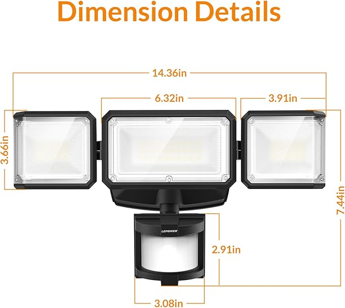 LEPOWER Battery Powered LED Flood Light Outdoor,1500LM Motion Sensor Security Lights, IP65 Waterproof,Wireless Flood Light Battery Operated,3 Head Motion Detector Light for Garage,Yard,Porch(Black) LEPOWER