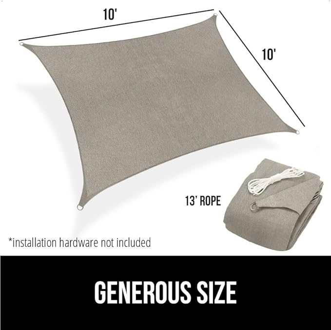 GORILLA GRIP Heavy Duty Sun Shade, UV Protection Fade Tear and Rust Resistant Rectangle Sunshade Canopy, Curved Edges Blocks Sunlight, Breathable Sail, Outdoor Patio, Lawn Garden 10x10 FT Gray GorillaGrip