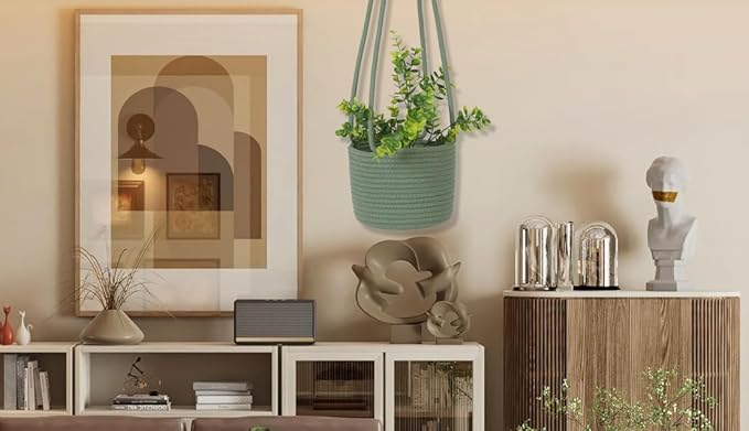 Hanging Planter Basket Jute Rope Woven Plant Hangers Indoor Hanging Plant Holder Up to 7" Pot Macrame Modern Storage Organizer Home Decor (Green) RUIZHIXUAN