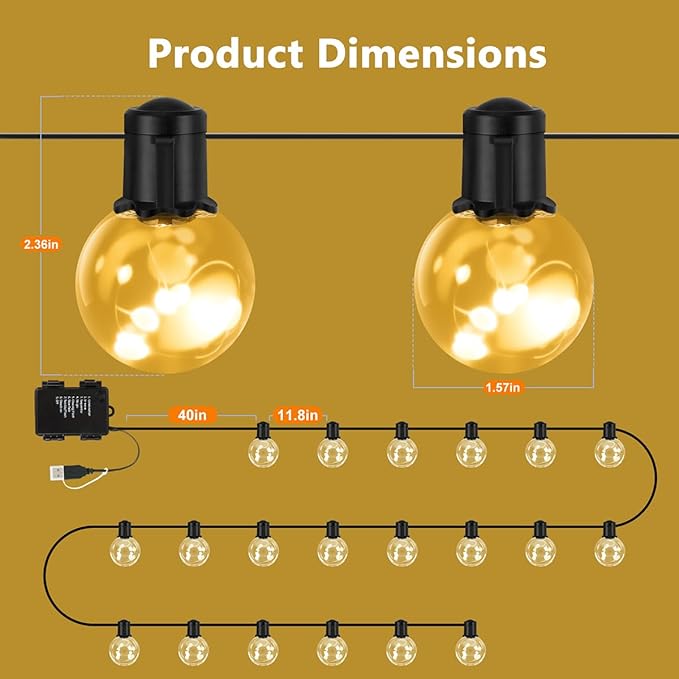 Outdoor String Lights Battery Powered, 22ft 20 LED Bulbs Hanging Patio Lights Dimmable w/Timer & Remote, Globe Bulb Shatterproof Waterproof for Outdoor Indoor Decor - Warm White & Multicolor KEPSTARS