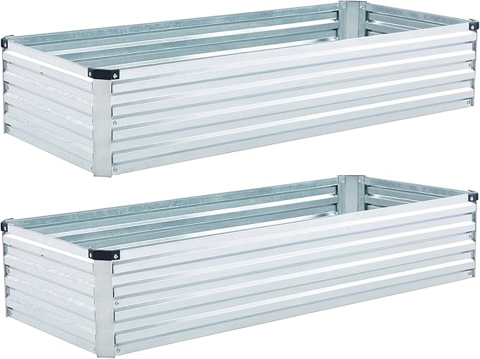 2 Pack 4x2x1FT Galvanized Raised Garden Bed Kit, Outdoor Metal Planter Box for Vegetables, Bottomless Rectangular Gardening Bed with Support Rods, Tool-Free Assembly, Silver Meberam