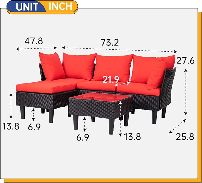 FDW Patio Furniture Sets 5 Pieces Outdoor Wicker Conversation Set Sectional Sofa Rattan Chair for Outdoor Backyard Porch Poolside Balcony Garden Furniture with Coffee Table,Red Cushion FDW