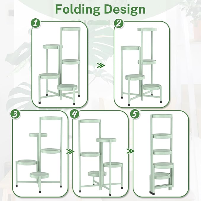 iDavosic.ly Plant Stand Indoor Outdoor, 5 Tier Corner Metal Flower Display Holder Shelf, Easy Assembly Folding Tall Orchid Rack for Patio Balcony Porch Garden Living Room House, Light Green iDavosicly
