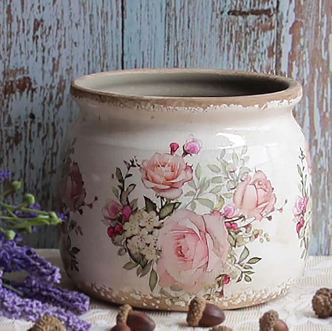 Ceramic Planter for Indoor Plants, 6.29 Inch Rose Pattern Crackle Glaze Flower Pot with Drainage Hole, Orchid Succulent Pots, European Farmhouse Bedroom Balcony Decor Gift, Pink XiaanJiaju
