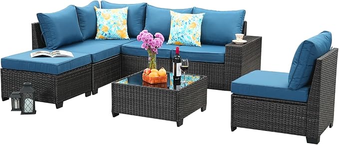 Jing's Villa 7-Piece Patio Furniture Set, All-Weather Outdoor Wicker Sectional Sofa with Cushions, Tempered Glass Table & Ottoman, Rattan Conversation Seating for Porch, Garden, Backyard,Peacock Blue JingsVillaOutdoorFurniture