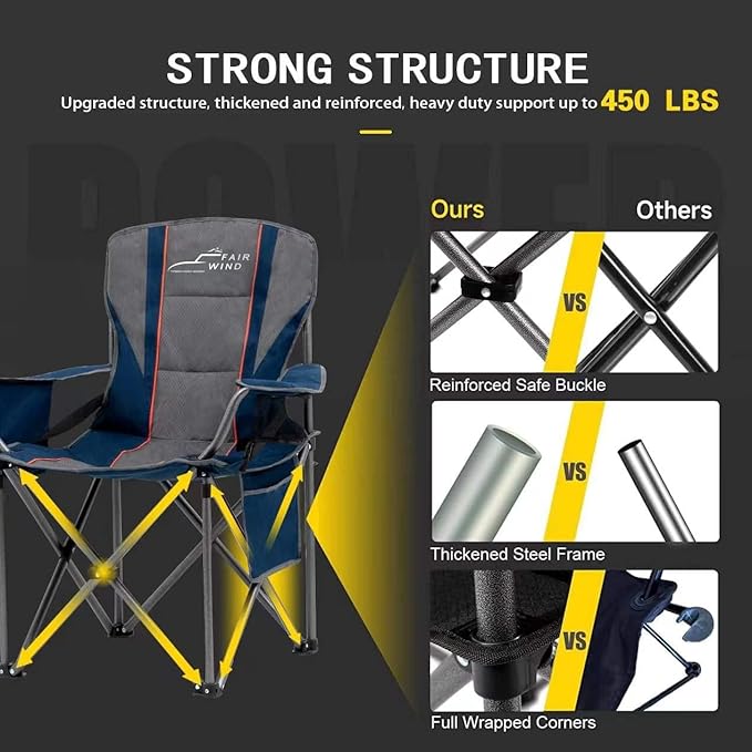FAIR WIND Heavy Duty Camping Chair, Oversized Padded Folding Chair for Big and Tall (450lbs), Extra Wide Seat with Integrated Cooler & Storage Pocket, Adjustable Lumbar Support for Outdoor FAIRWINDOutdoorEquipment