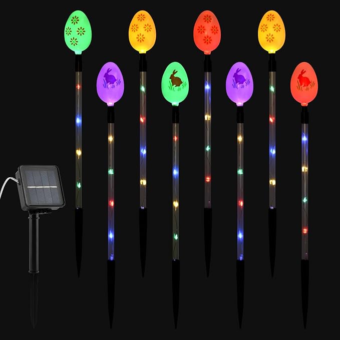 8 PCS Solar Easter Eggs Stake Lights, IP65 Waterproof Multicolor Outdoor Easter Pathway Lights Auto On/Off Solar Stake Light for Lawn Landscape Yard Patio Decorations Rootora