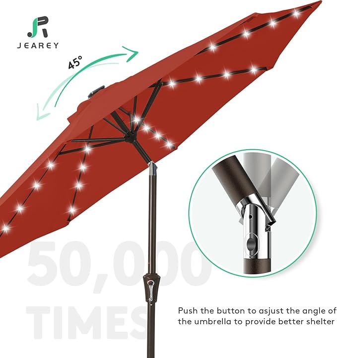 JEAREY 9FT Outdoor Patio Umbrella with Solar Lights, LED Lighted Pool Umbrella with Tilt and Crank, Outdoor Table Umbrellas for Deck, Yard & Market (Red) JEAREYOutdoorsCollection