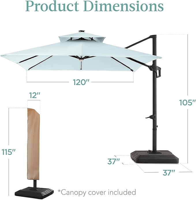 Best Choice Products 10x10ft Cantilever Patio Umbrella w/Base Included, Solar LED Lights 360 Rotation Large Offset Hanging Outdoor Shade for Deck Pool Backyard w/Stand – Baby Blue BestChoiceProducts