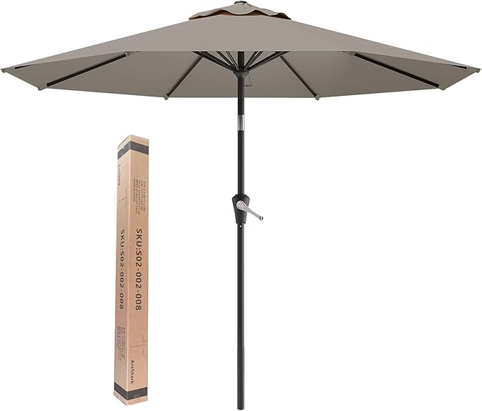 AreShark 9 FT Patio Umbrella for Outdoor, Outdoor Umbrella with Push Button Tilt and Crank, Outdoor Patio Umbrellas with 8 Sturdy Ribs for Market, Garden, Deck, Backyard, Pool (Mist Gray) Rootora