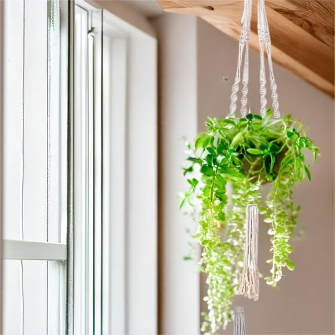 3 Pack Macrame Plant Hanger Indoor Hanging Planter for Plants Holder, Hanging Pot Holder Macrame Decorative Flower Pot Holder with 3 Hooks for Indoor Outdoor Boho Home Décor, Ivory (POTS NOT INCLUDED) Feedee