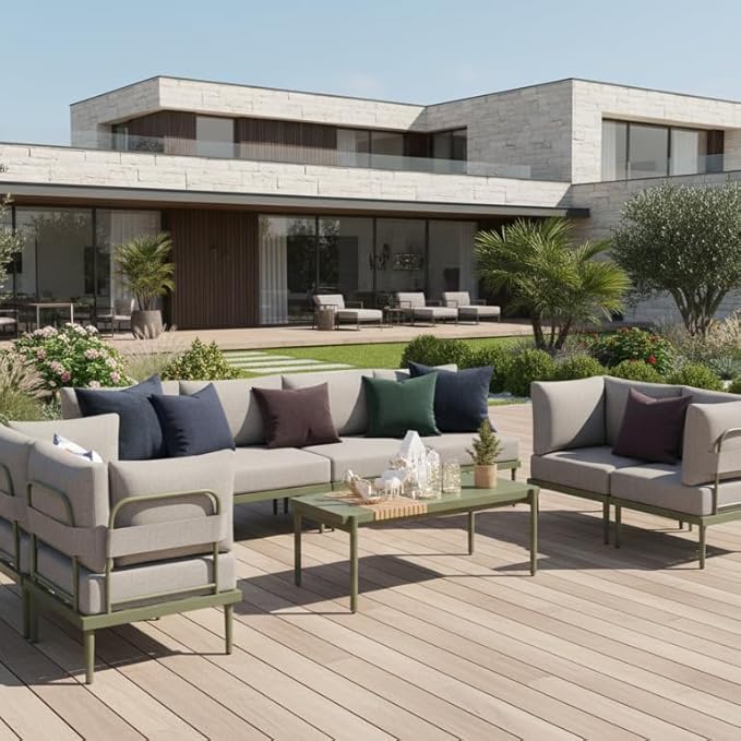 Sundale Outdoor 9 Pieces Patio Furniture Set, U-Shaped Outdoor Sectional Sofa with 6 Inch Olefin Cushion and Coffee Table, Modern Metal Outdoor Conversation Sets for Backyard, Poolside SundaleOutdoor