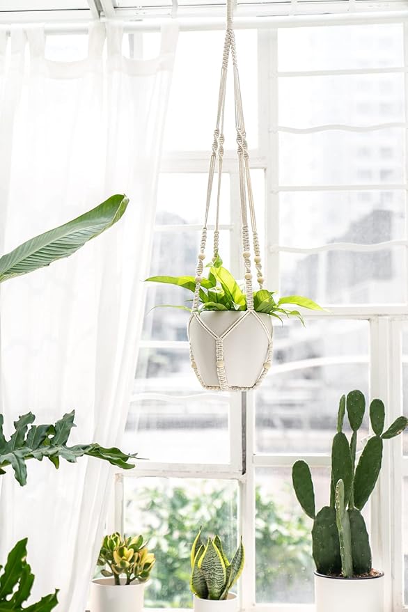 Mkono 43 Inch Macrame Plant Hanger Large for up to 12 Inch Pot Extra Long Hanging Plant Holder No Tassels Hanging Planter Basket with Wood Beads for Indoor Outdoor Boho Home Decor, Ivory, Set of 2 Mkono