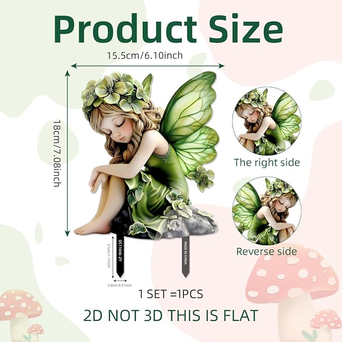 Fairy Garden Stake Decor, Acrylic 2D Garden Fairy Decoration, Fairy Garden Accessories for Outdoor Indoor Yard Lawn Pot Plants (Green Flower Fairy) WGKOMEGE