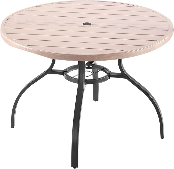 VEVOR Outdoor Patio Dining Table, 41 inch Round Wood-Like Steel Slat Backyard Bistro Coffee Tables for 4, with 1.5 in Umbrella Hole, Outside All-Weather Large Furniture for Lawn Garden Porch VEVOR