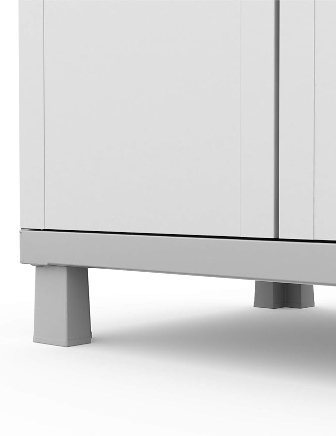 Keter Storage Cabinet with Doors and Shelves for Laundry Room, Garage, Bathroom Accessories, Closet and Home Organization, White & Grey Keter