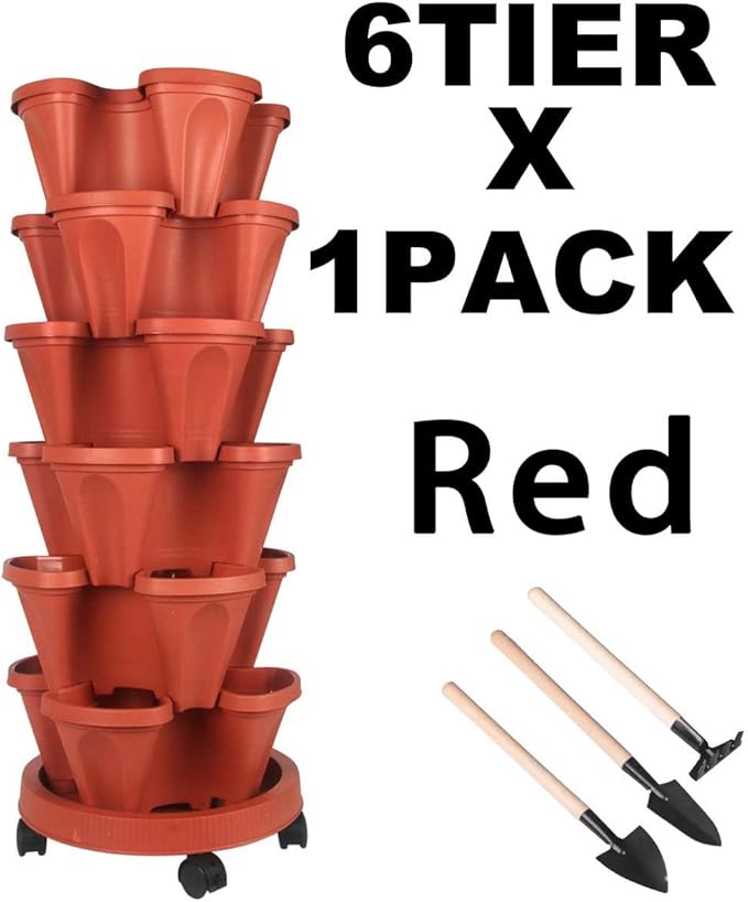 GameXcel Vertical Planter 6 Tier Stackable Planters Garden Planters Strawberry Herb Flower and Vegetable Planter Indoor Outdoor Gardening Pots with Removable Wheels and Tools GameXcel