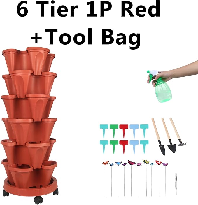 GameXcel Vertical Planter, 6 Tier Stackable Strawberry Planter with Garden Tool Set, Movable Indoor/Outdoor Garden Herb Pot for Growing Vegetables and Succulents, Red GameXcel