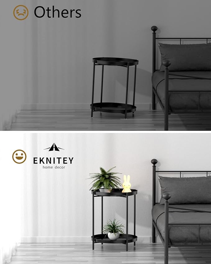 EKNITEY 2 Tier End Table - Metal Side Table Waterproof Small Sofa Coffee Side Tables Bedroom Indoor Outdoor with Removable Tray for Living Room Bedroom Balcony and Office (Black) EKNITEY