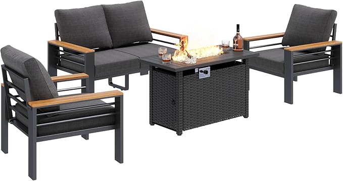 Aoxun Aluminum Outdoor Patio Furniture Set, 5-Piece Outdoor Sectional with 44'' Propane Gas Firepit Table, Patio Conversation Sets with Upgraded Armrests and Cushions for Backyard (Dark Grey,4 Seats) Aoxun