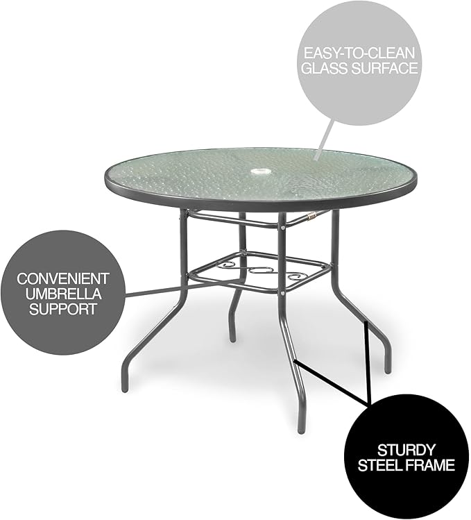 Garden Elements Outdoor Patio Furniture, Round Dining Table, Steel Base and Rim with Water-Wave Glass Top, Grey, 40" GardenElements