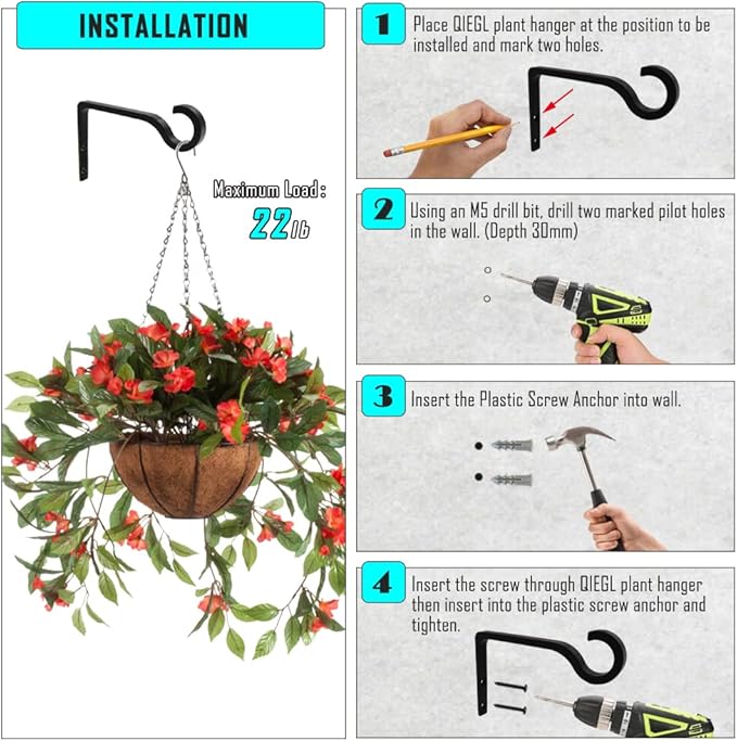 White Hanging Plant Bracket 6inch Metal Plant Hook Shepherds Hook Decorative Wall Plant Hanger for Hanging Lanterns, Bird Feeder, Flower Basket, Home Decor Indoor & Outdoor 2pack QIEGL