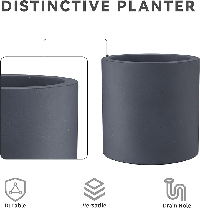 Kante 9.8",12.6",15.7" Dia Round Concrete Planter Set of 3, Modern Style Large Cylindrical Plant Pot with Drainage Hole and Rubber Plug for Indoor Outdoor Patio, Dark Gray Kante