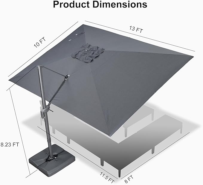 PURPLE LEAF Patio Umbrella 10' X 13' Rectangle Cantilever Umbrella Large Aluminum Outdoor Umbrellas with 360-degree Rotation & UPF40+ Premium Fabric for Deck Pool Garden Yard, Mist Grey Rootora
