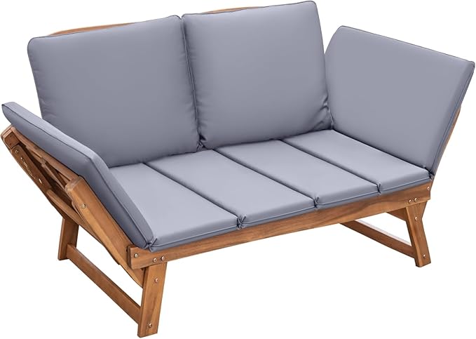 Devoko Outdoor Couch Acacia Wood Patio Couch with Adjustable Armrests, Outdoor Convertible Sofa with Removable Cushions & Pillows for Patio, Porch, Poolside(Grey) DEVOKO