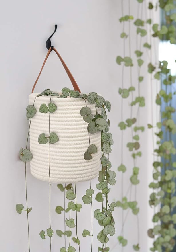 Goodpick 2pack Rope Hanging Basket - Small Round Hanging Baskets Storage for Key, Sunglasses, Wallet on Door - Modern Woven Baskets Wall Decor for Plant, White Cotton Basket 7.87 x 7 x 11.7 inches Goodpick