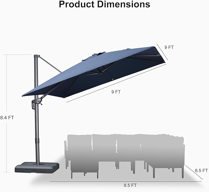 PURPLE LEAF Patio Umbrella 9' X 9' Rectangle Cantilever Umbrella Large Aluminum Outdoor Umbrellas with 360-degree Rotation & UPF40+ Premium Fabric for Deck Pool Garden Yard, Ocean Slate Rootora