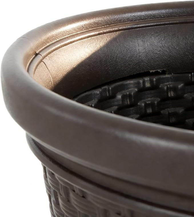 Decorative Wicker Garden Hose Holder Pot - 100 Foot Hose Storage with 4 Drain Holes, Java Brown Resin Outdoor Container, 18 x 12 Inch Rootora