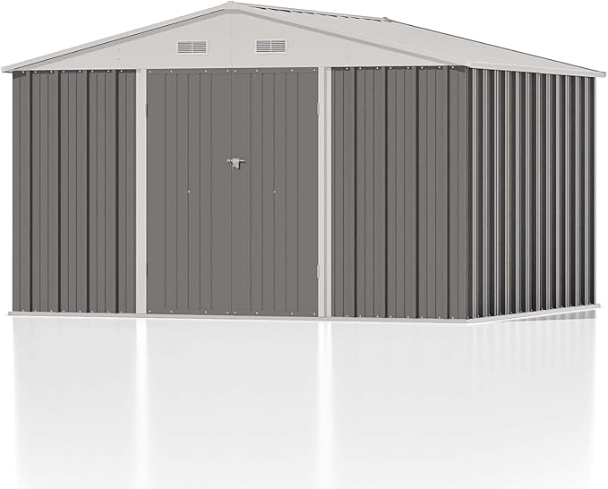 Patiowell 10 x 8 FT Outdoor Storage Shed, Large Garden Tool Metal Shed with Sloping Roof and Double Lockable Door, Outdoor Shed for Backyard Garden Patio Lawn,Grey Patiowell
