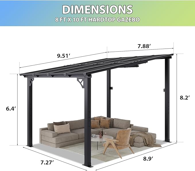 Aoxun 8'x 10' Premium Gazebo with Aluminum Top Frame & Polycarbonate Panel, Wall Mounted Gazebos Pergola, Outdoor Patio Lean to Gazebo, Awnings with Sloped Roof, for Backyard, Porch, Deck Aoxun