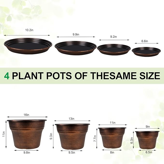 Plant Planters Pots Set of 4 Pack 11 Inch, Plastic Flower Pot for Indoor Plants with Drainage Holes & Trays, Resin Decorative Container Sets with Saucer for House Outdoor Garden Planters Copper Fodetyff