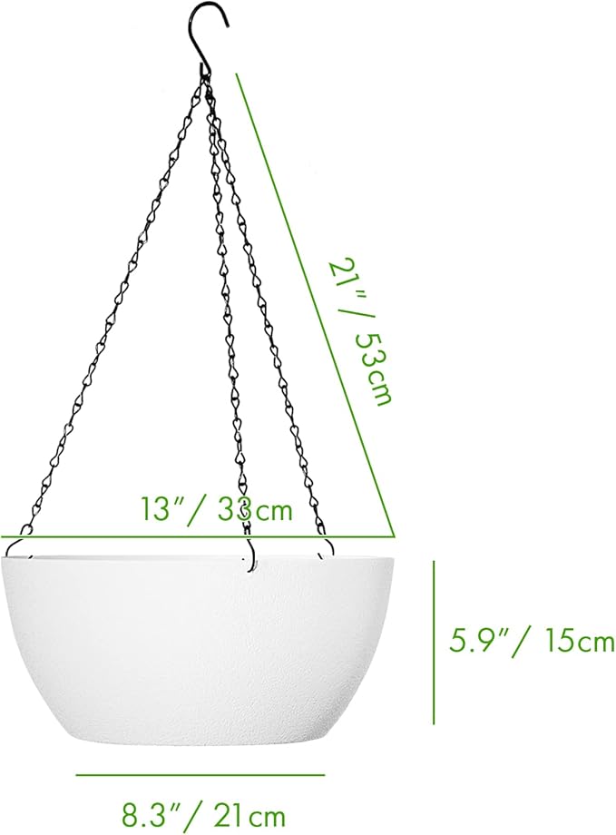 WOUSIWER 13 inch 2Pack Large Hanging Planters for Outdoor Indoor Plants with Drainage Holes and Chain, Round Hanging Flower Pots for Garden Home Porch Decor, White WOUSIWER