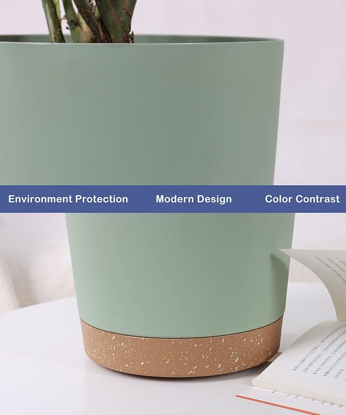 kubvici Indoor Plant Pots Set of 2 Planters 8 inch Plastic Planter with Hole & Saucer Modern Decorative for Outdoor Garden Home (Green, 8 inch) kubvici