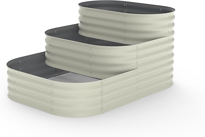 GarveeLife Galvanized Tiered Raised Garden Bed Kit with Open Base – 43x63x31.5 Oval Ground-Connected Planter for Vegetables, Herbs & Flowers (Modular 3 in-1Design),Beige GarveeLife