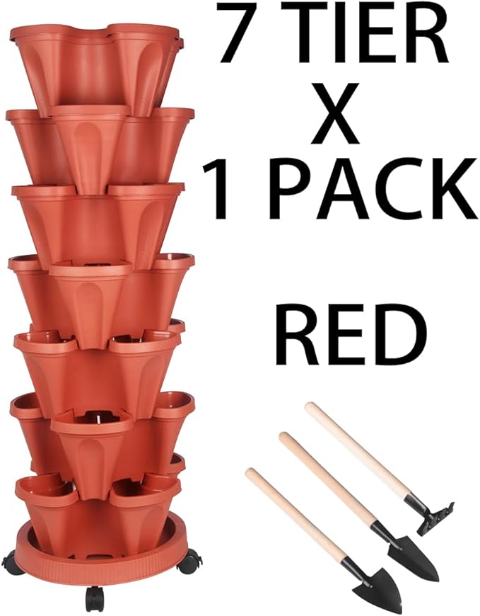 GameXcel Vertical Planter 7 Tier Stackable Planters Garden Planters Strawberry Herb Flower and Vegetable Planter Indoor Outdoor Gardening Pots with Removable Wheels and Tools - Red GameXcel