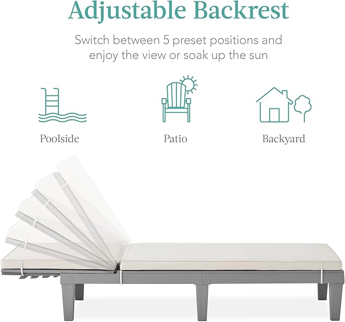 Best Choice Products Outdoor Lounge Chair, Resin Patio Chaise Lounger for Poolside, Backyard, Porch w/Seat Cushion, Adjustable Backrest, 5 Positions, 330lb Capacity - Gray/White Sand BestChoiceProducts