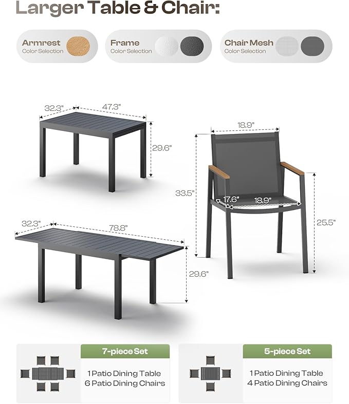 Outdoor Dining Chairs Set of 2, Aluminum Patio Dining Chairs with Textilene Fabric & HDPS Armrest for Ergonomic Design, All-Weather Outdoor Furniture for Garden and Indoor, Gray Oasbira