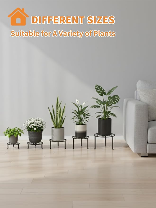 5 Pack Plant Stand Metal Flower Pot Stand Holders Indoor Tall Plant Rack Plant Round Black Plant Shelf For Living Room, Garden, Balcony Rootora